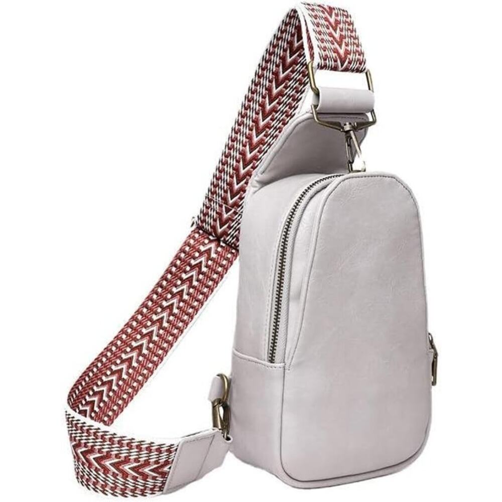 Women’s Sling Crossbody Bag Soft PU Leather Wide Woven Strap Chest Travel Grey